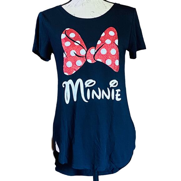 Disney Minnie Womens Small Soft Stretch Black Shirt Red Bow White Polka Dots - Picture 1 of 7